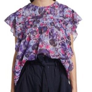 ISABEL MARANT ÉTOILE Layona Floral Ikat Flutter Cotton Ruffle Blouse Size 38 M
